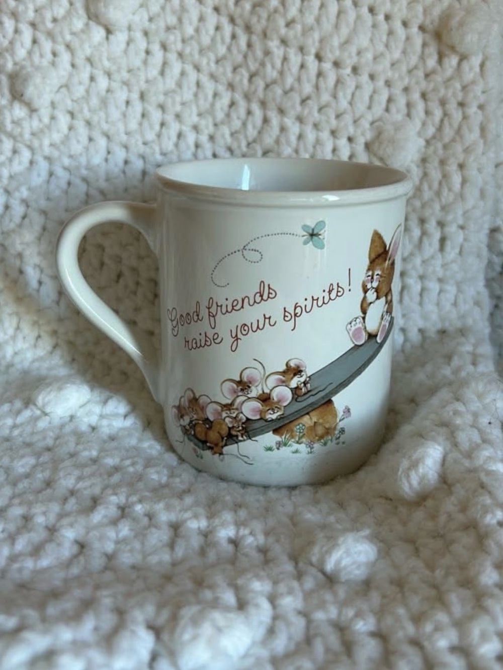 Good Friends Raise Your Spirits! Cream Ceramic Bunny & Mice Mug